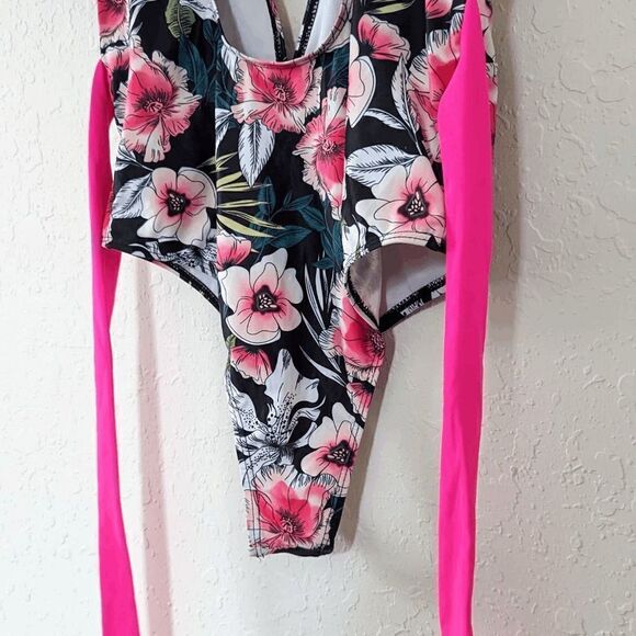 Women's SheIn One Piece Bathing Suit Monokini Ruffle Deep Plunge Small Tropical - Picture 6 of 9